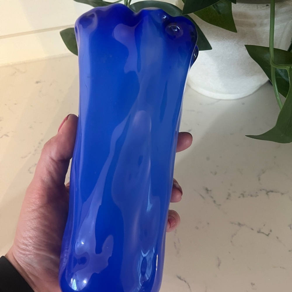 Vintage Hand Blown Glass Vase. 5.5”T Cobalt Blue | White | Ruffled Lid - Picture 3 of 5